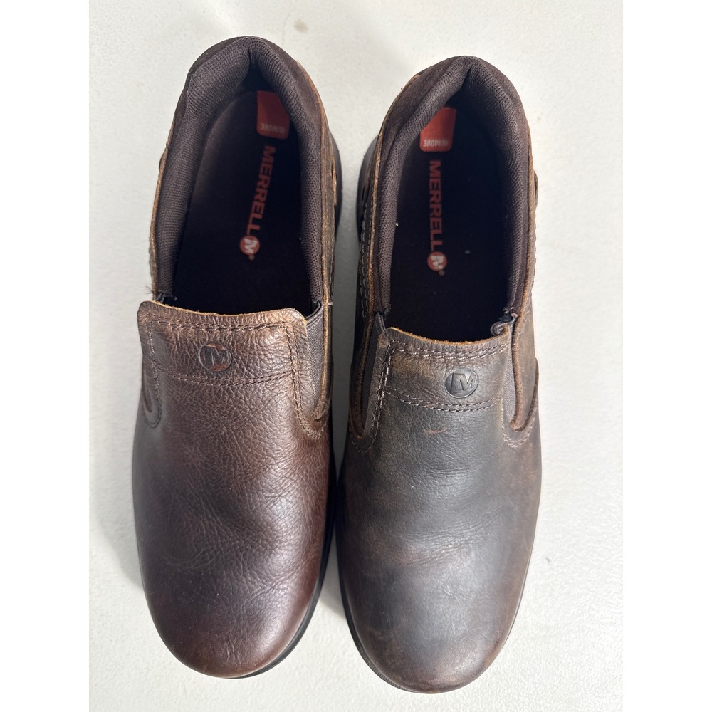 Merrell Mens Dark Brown Leather Slip On Loafers Rugged Outdoor Shoes Sz 11.5